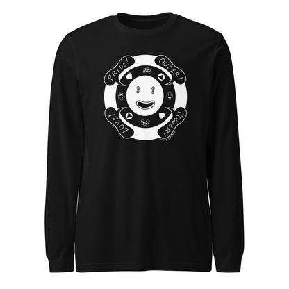 Black shirt with the same Puppyteeth smiley face graphic. Flat view.
