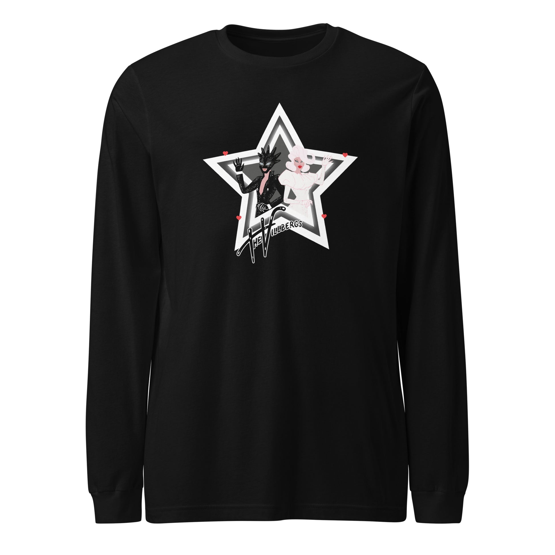 Black shirt with graphic, flat view.