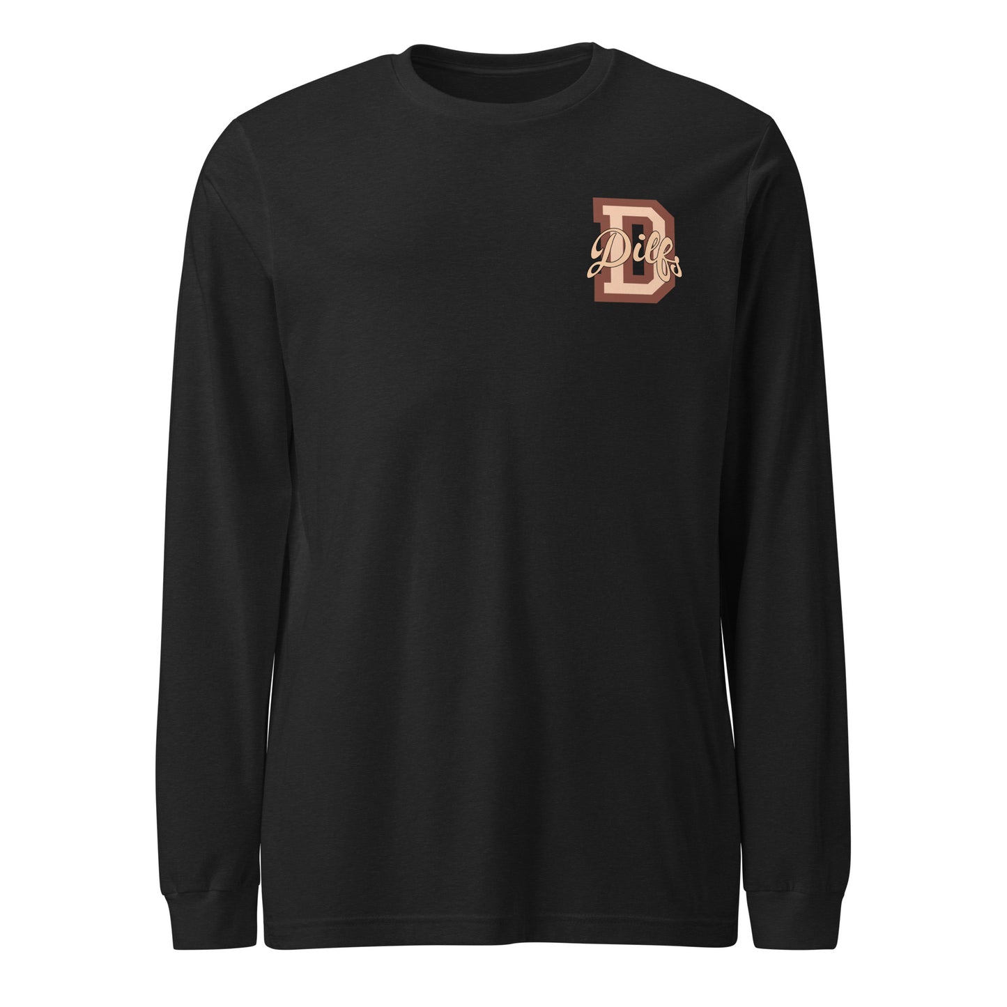 Black heather shirt, with varsity letter graphic in tan and brown.