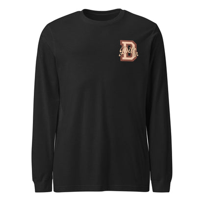 Black heather shirt, with varsity letter graphic in tan and brown.