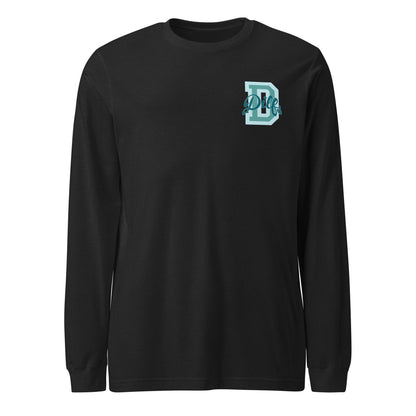 Black heather shirt, with varsity letter graphic in shades of teal blue.