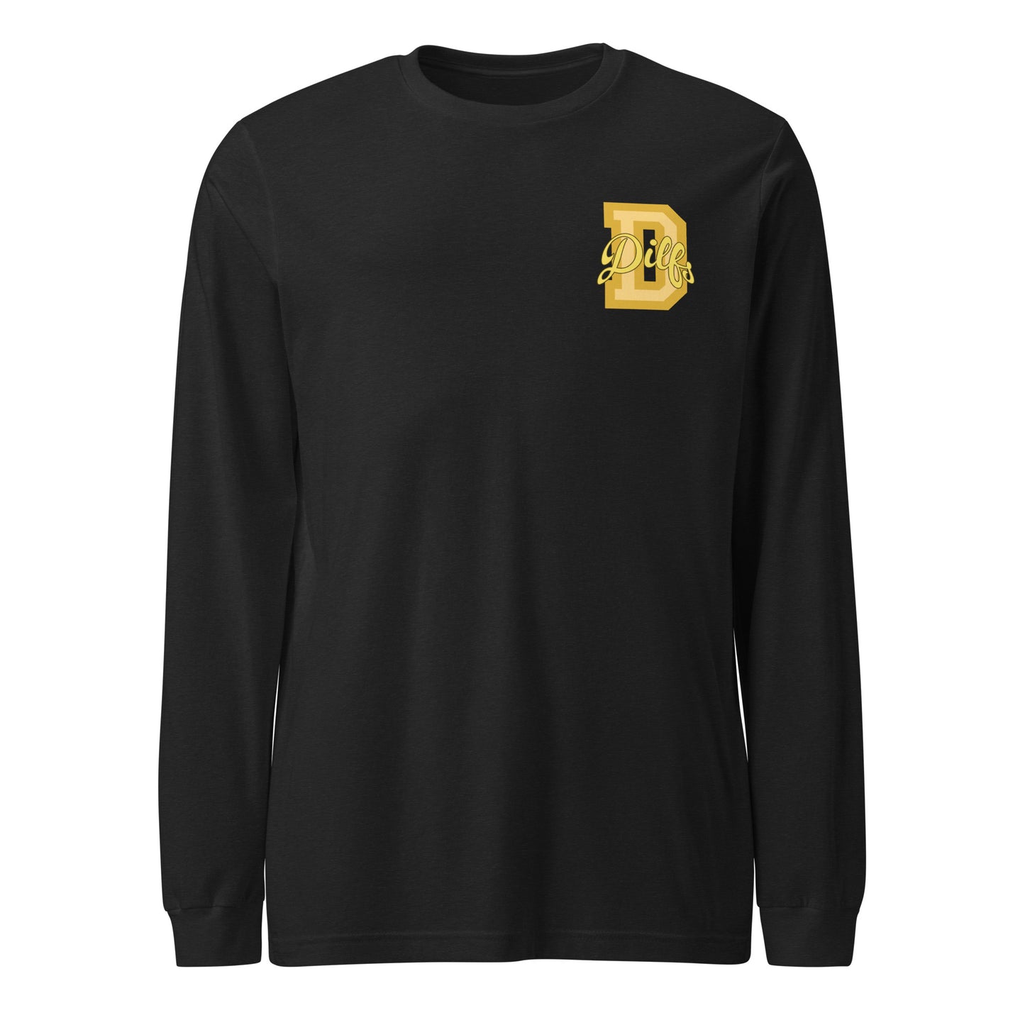 Black heather long sleeve shirt, with varsity letter graphic in yellow and gold.