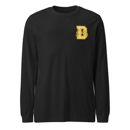 Black heather long sleeve shirt, with varsity letter graphic in yellow and gold.