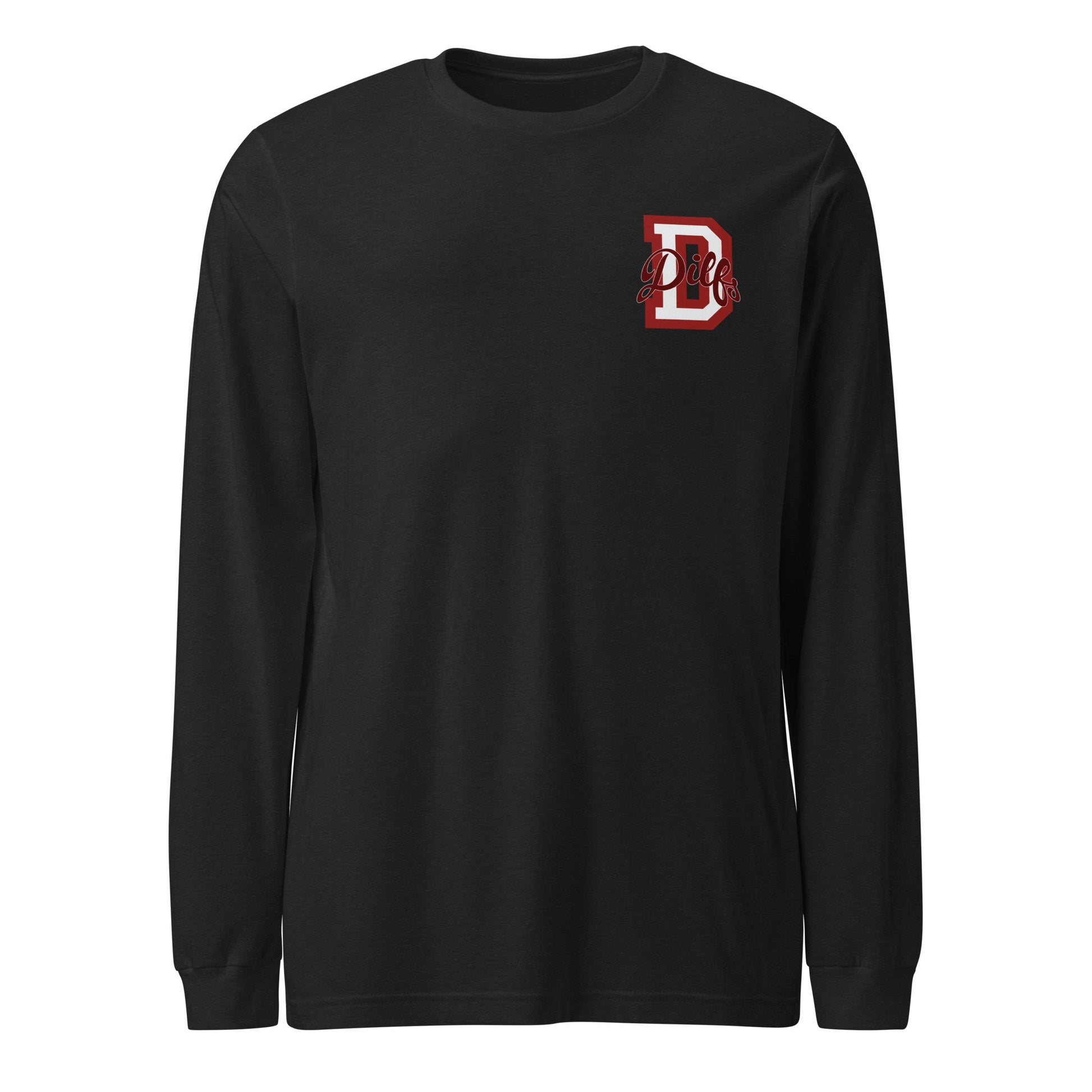 Black heather shirt, with varsity letter graphic in red and light grey.