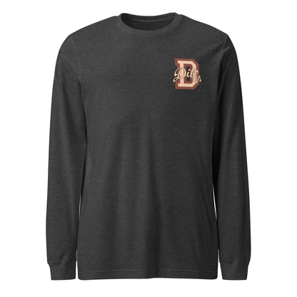 Dark grey heather shirt, with varsity letter graphic in tan and brown.