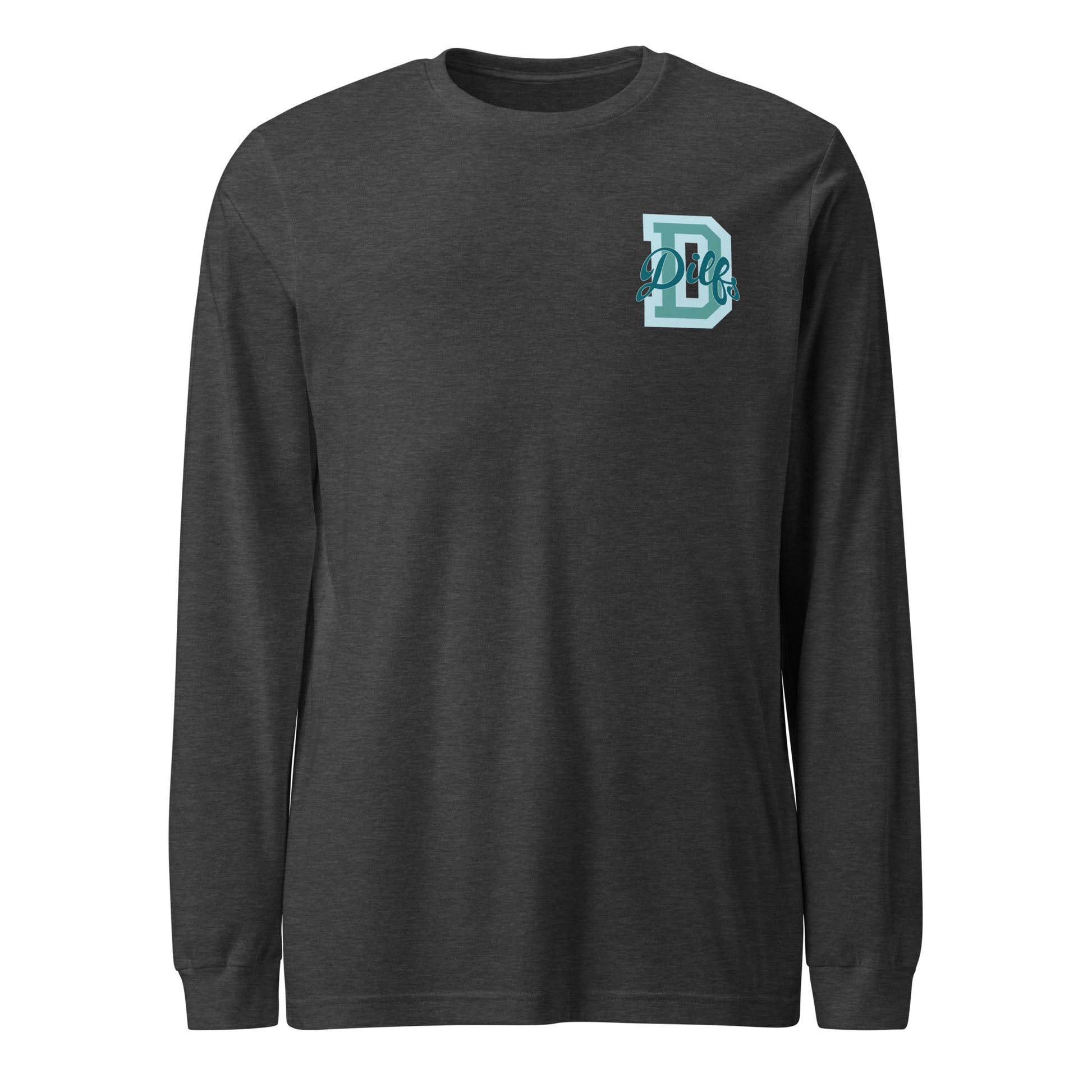 Dark grey heather shirt, teal blues varsity graphic.
