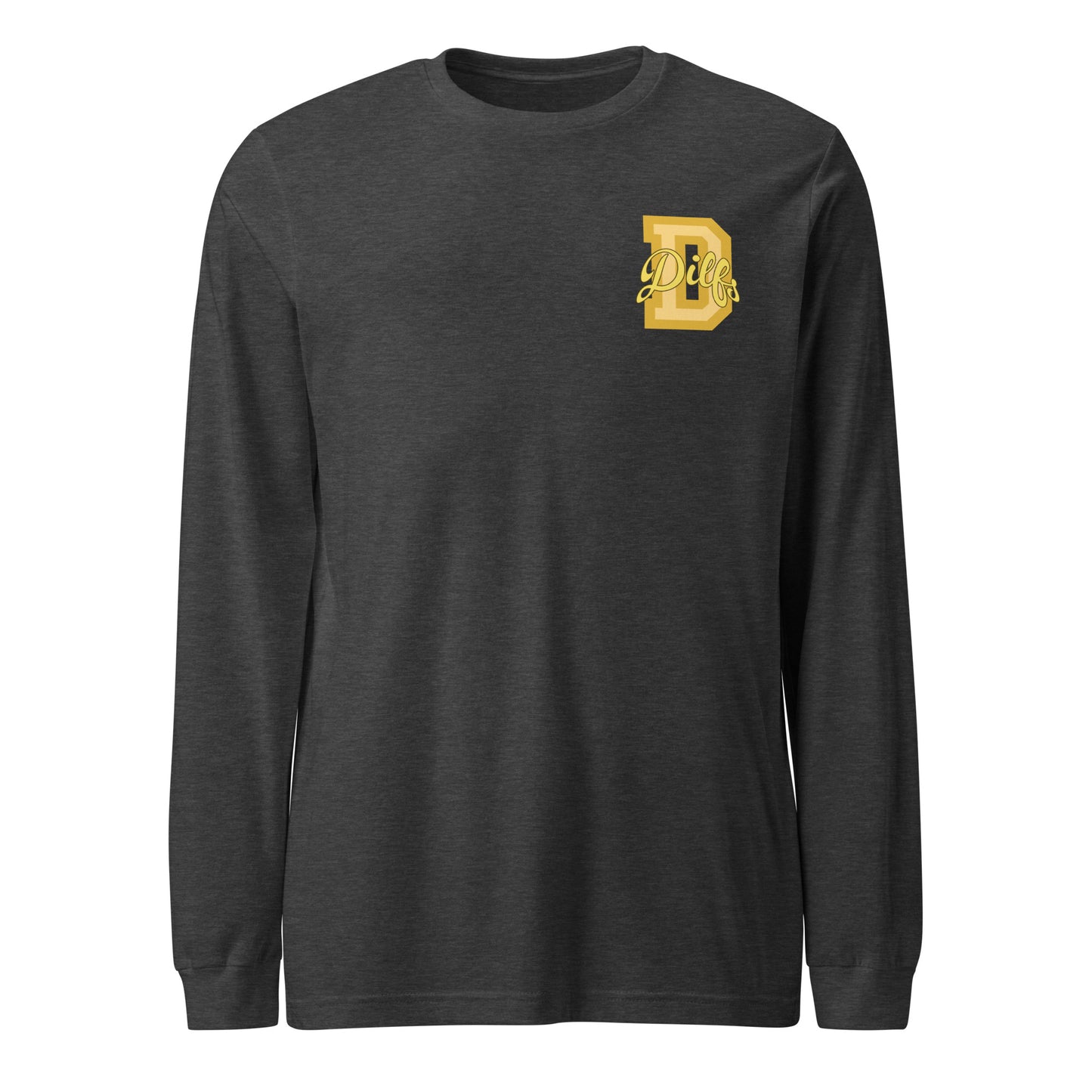 Dark grey heather shirt, yellow and gold varsity graphic.