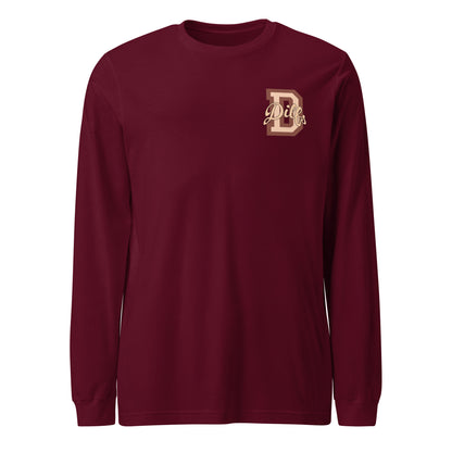 Varsity letter D, overlayed with stylized word Dilfs in tan and brown, on left chest of maroon shirt.