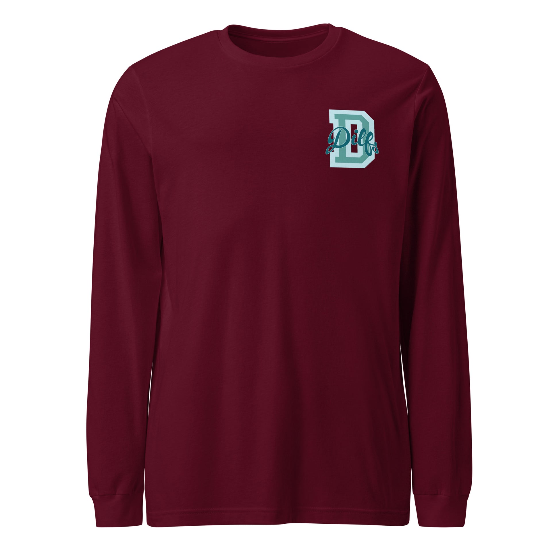 Maroon shirt, teal blues varsity graphic.
