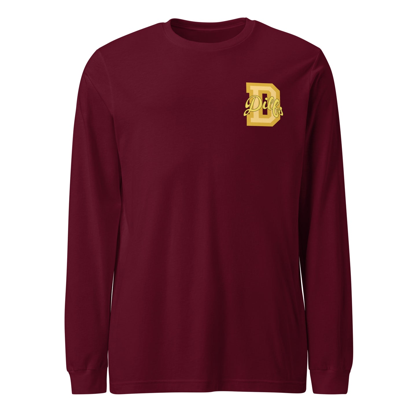 Maroon shirt, shirt, yellow and gold varsity graphic.