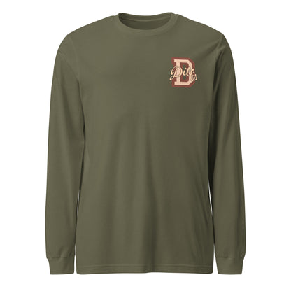 Military green shirt, with varsity letter graphic in tan and brown.