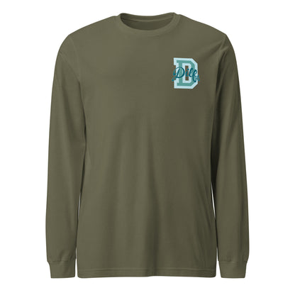 Military green shirt, teal blues varsity graphic.