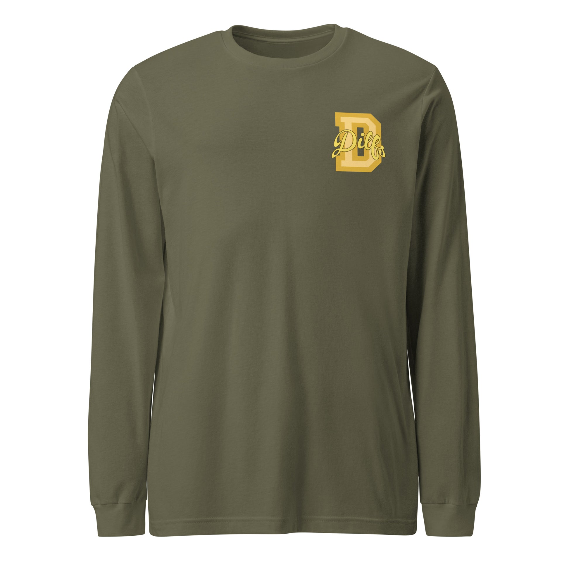 Varsity letter D, overlayed with stylized word Dilfs in shades of yellow and gold, on left chest of military green shirt.