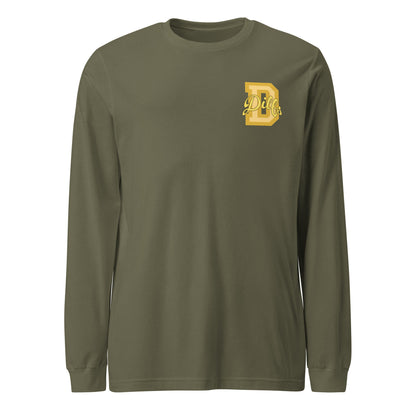 Varsity letter D, overlayed with stylized word Dilfs in shades of yellow and gold, on left chest of military green shirt.