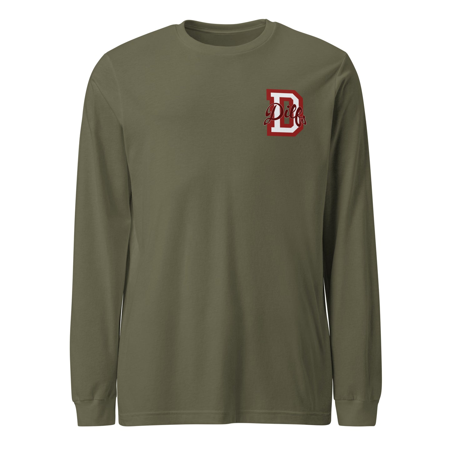 Military green shirt, red and light grey varsity graphic.