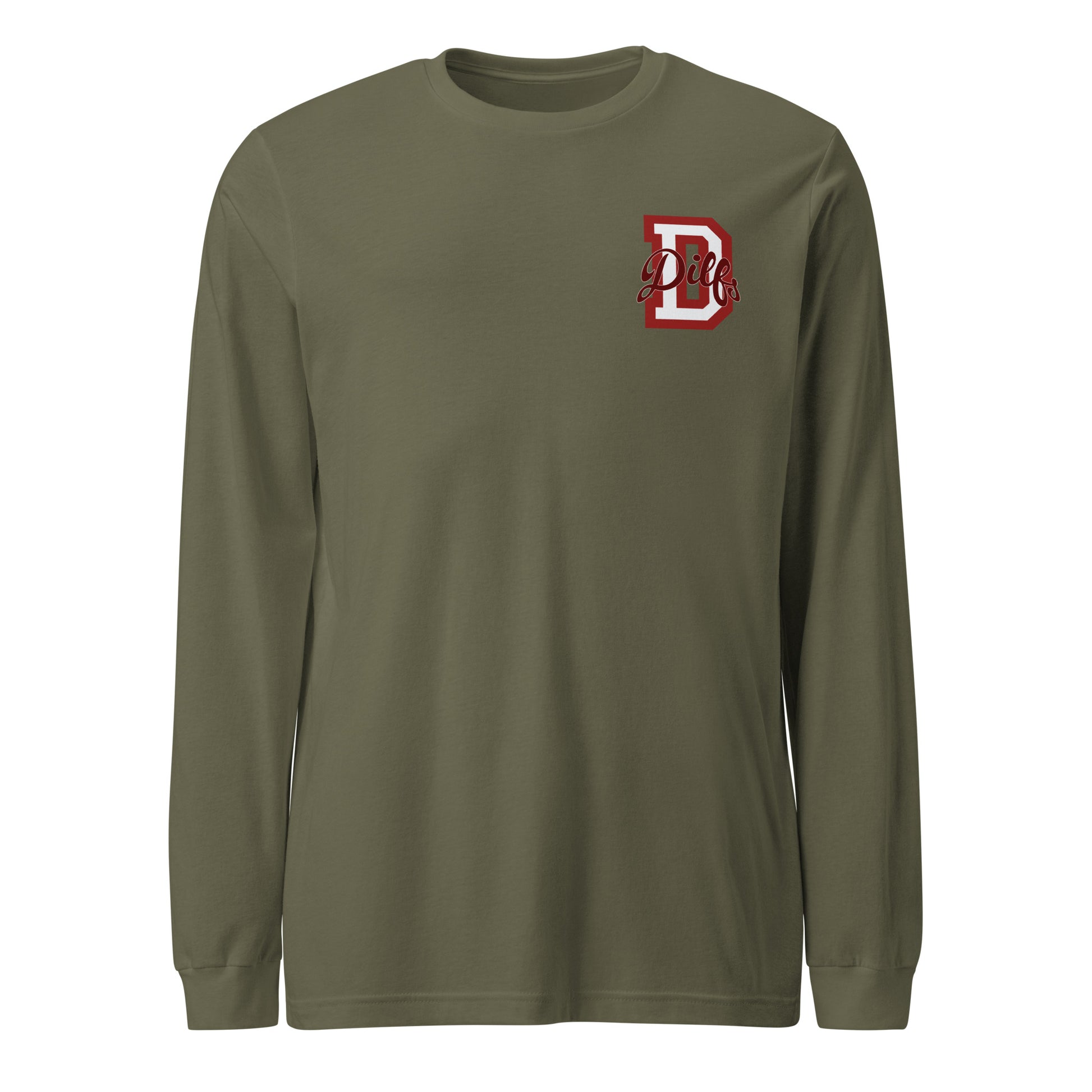 Military green shirt, red and light grey varsity graphic.