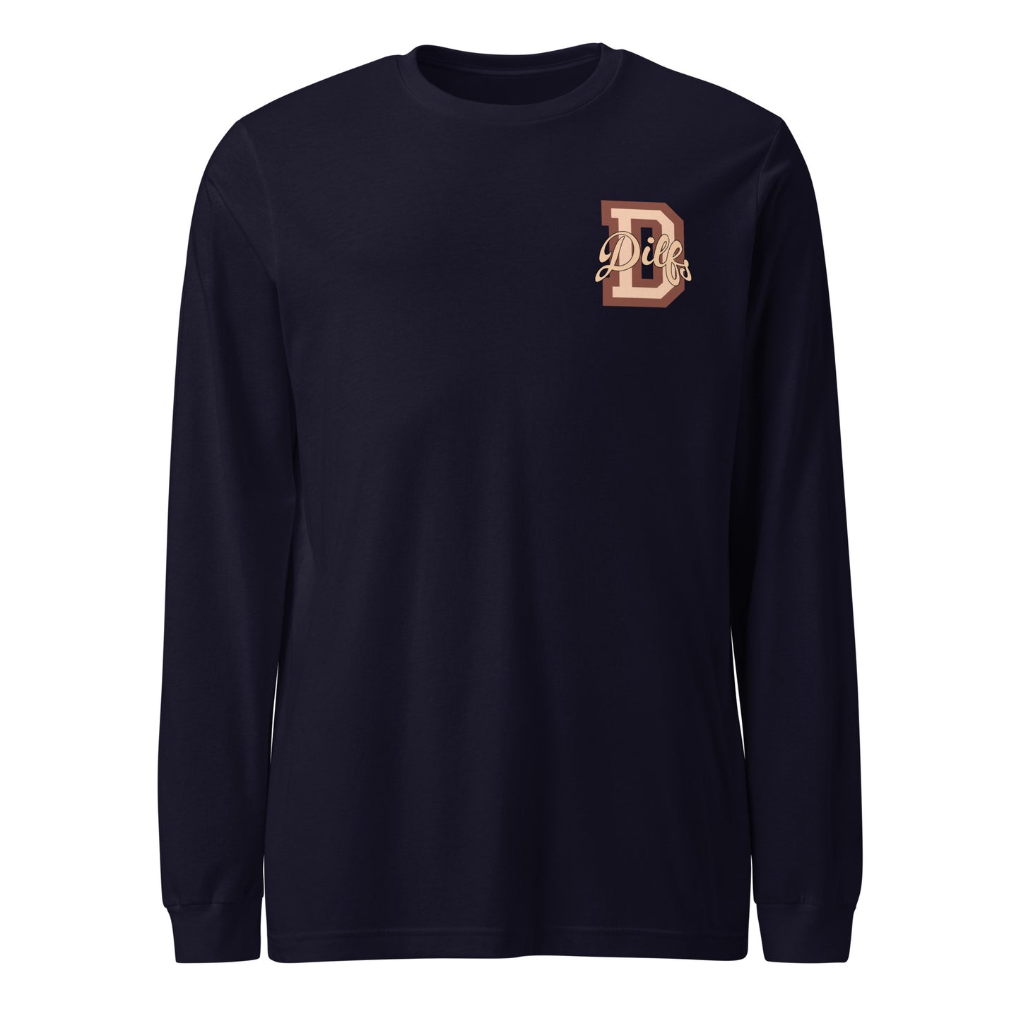 Navy blue shirt, with varsity letter graphic in tan and brown.