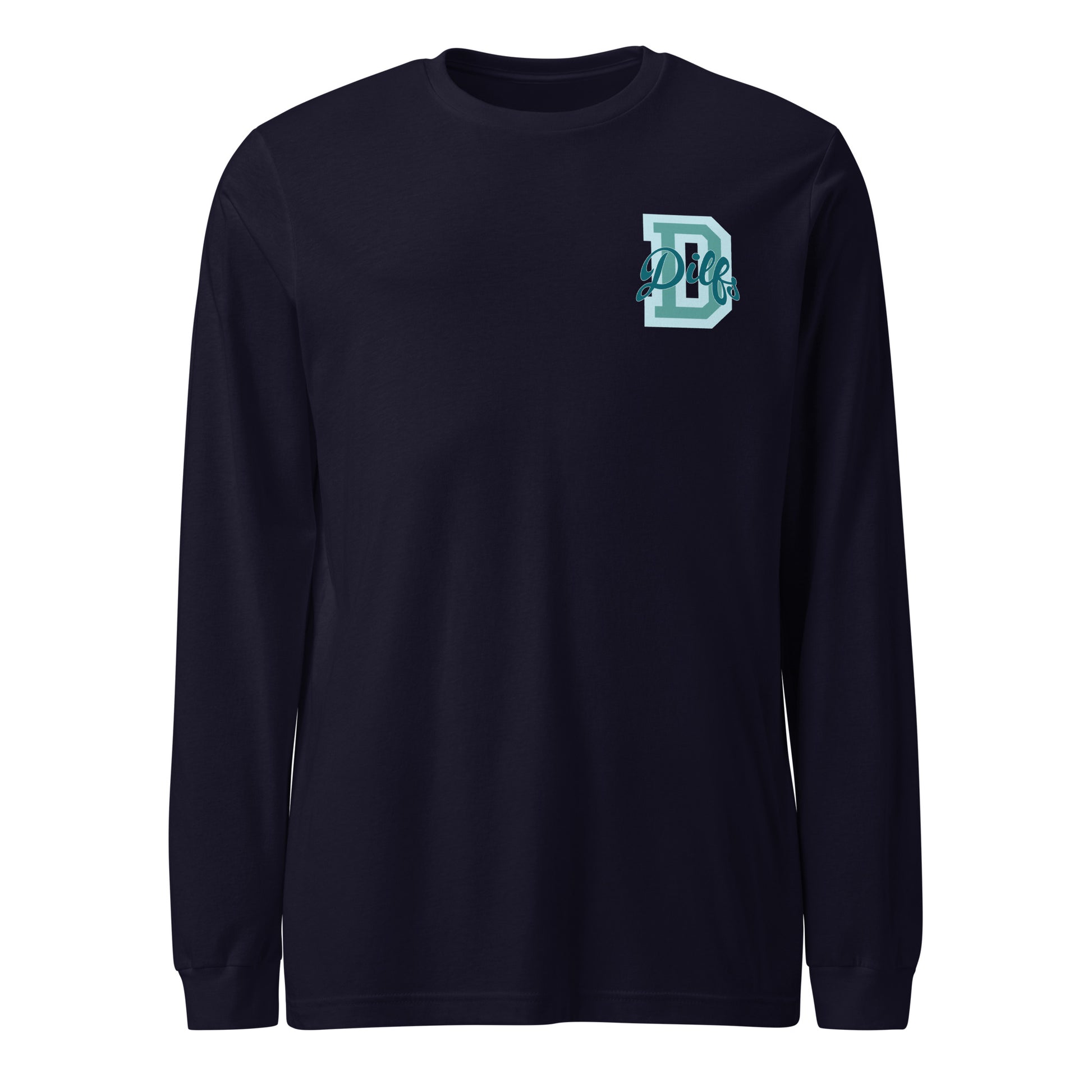 Navy blue shirt, teal blues varsity graphic.