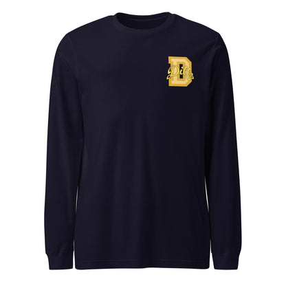 Navy blue shirt, yellow and gold varsity graphic.