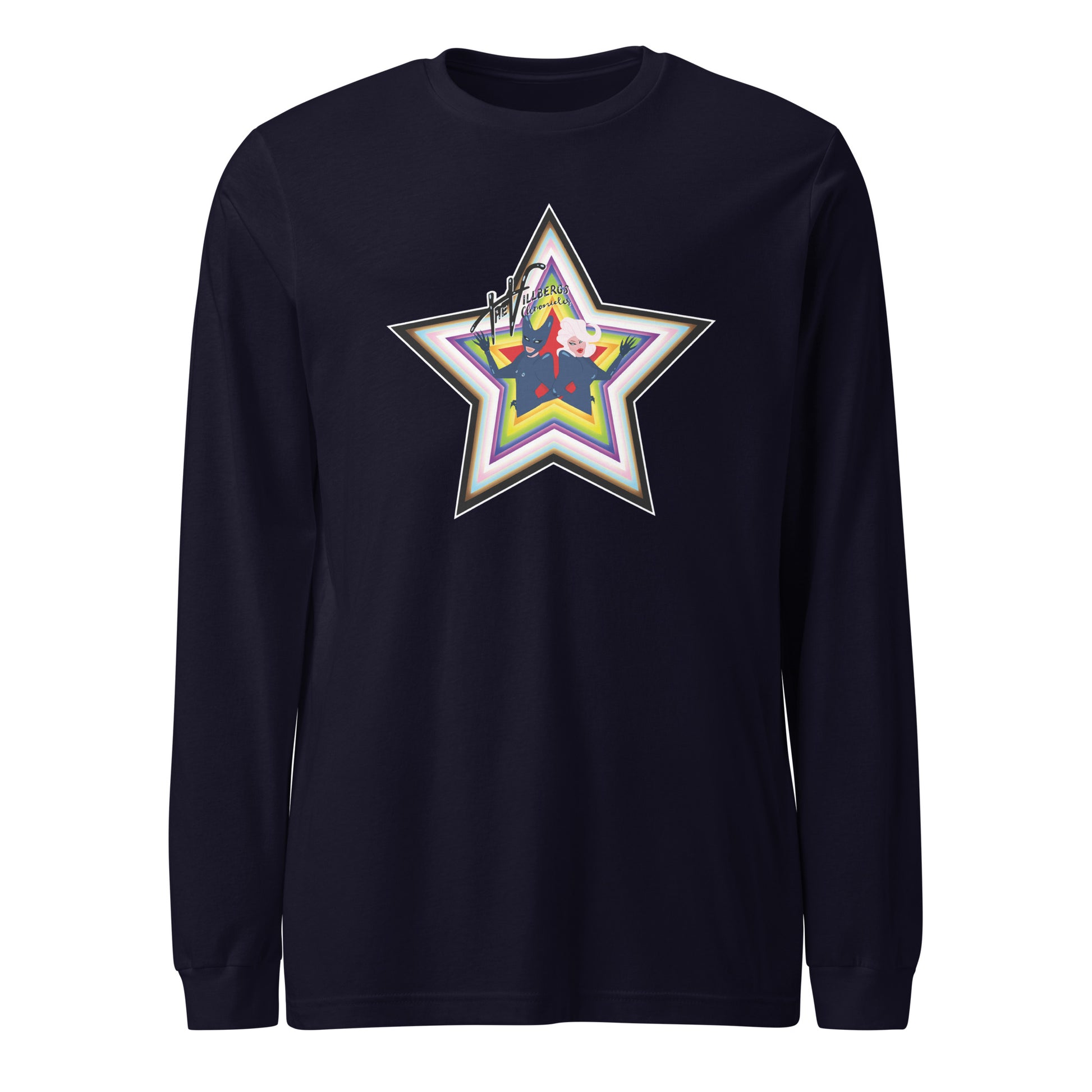 Navy shirt with pride star, front view.