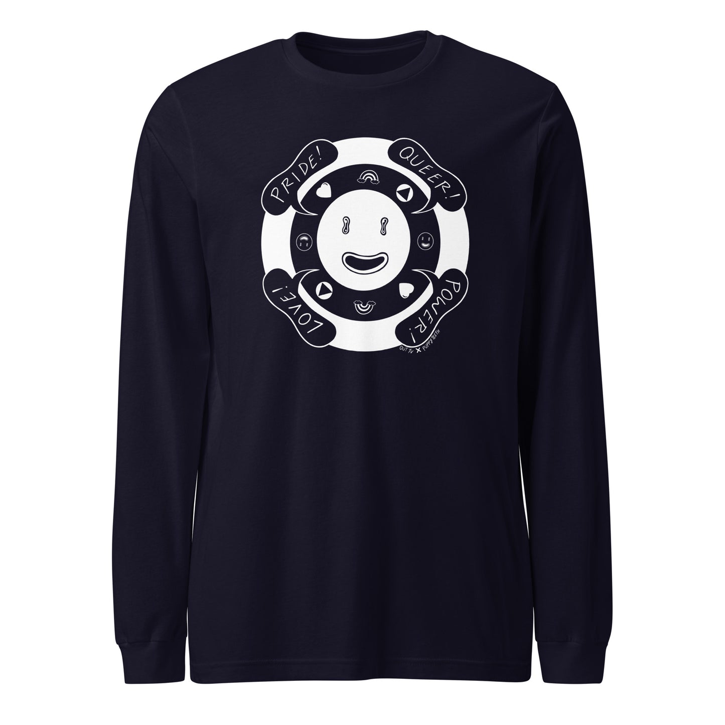 Navy blue graphic shirt.