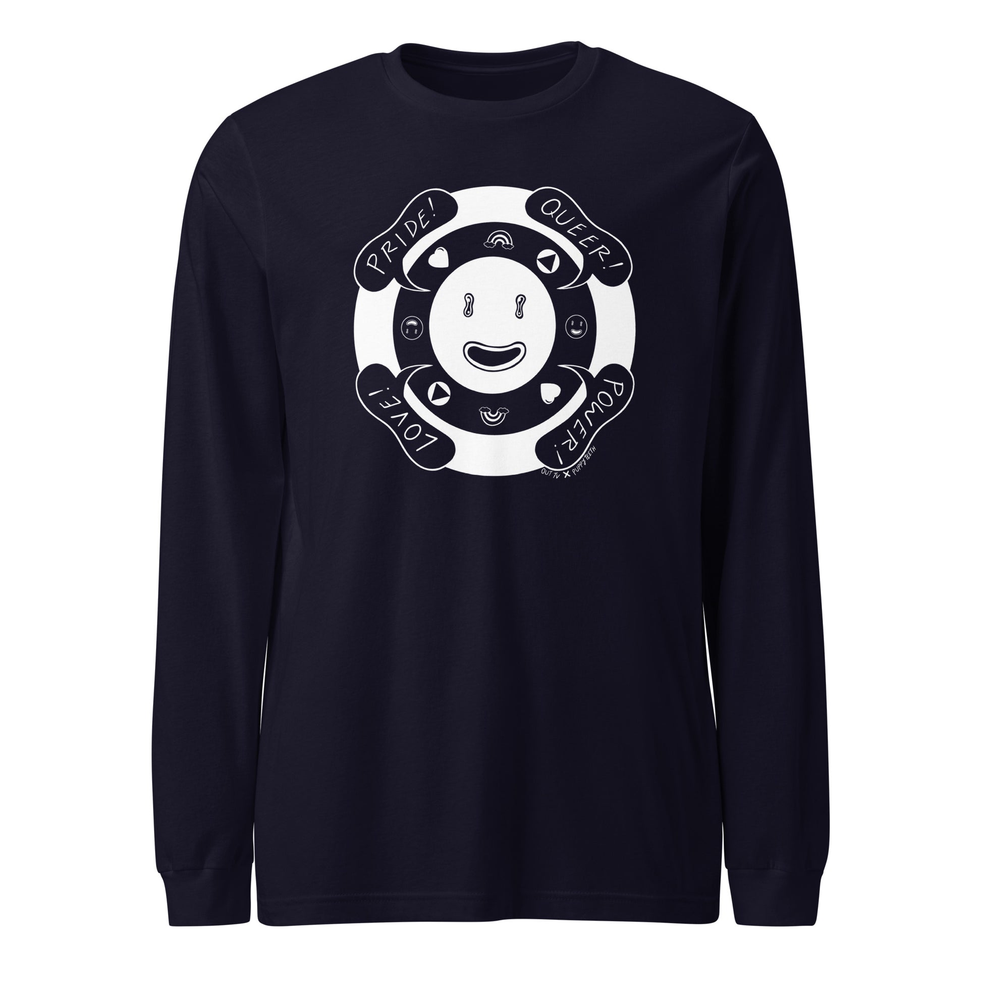 Navy blue graphic shirt.