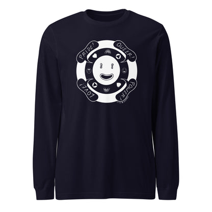 Navy blue graphic shirt.