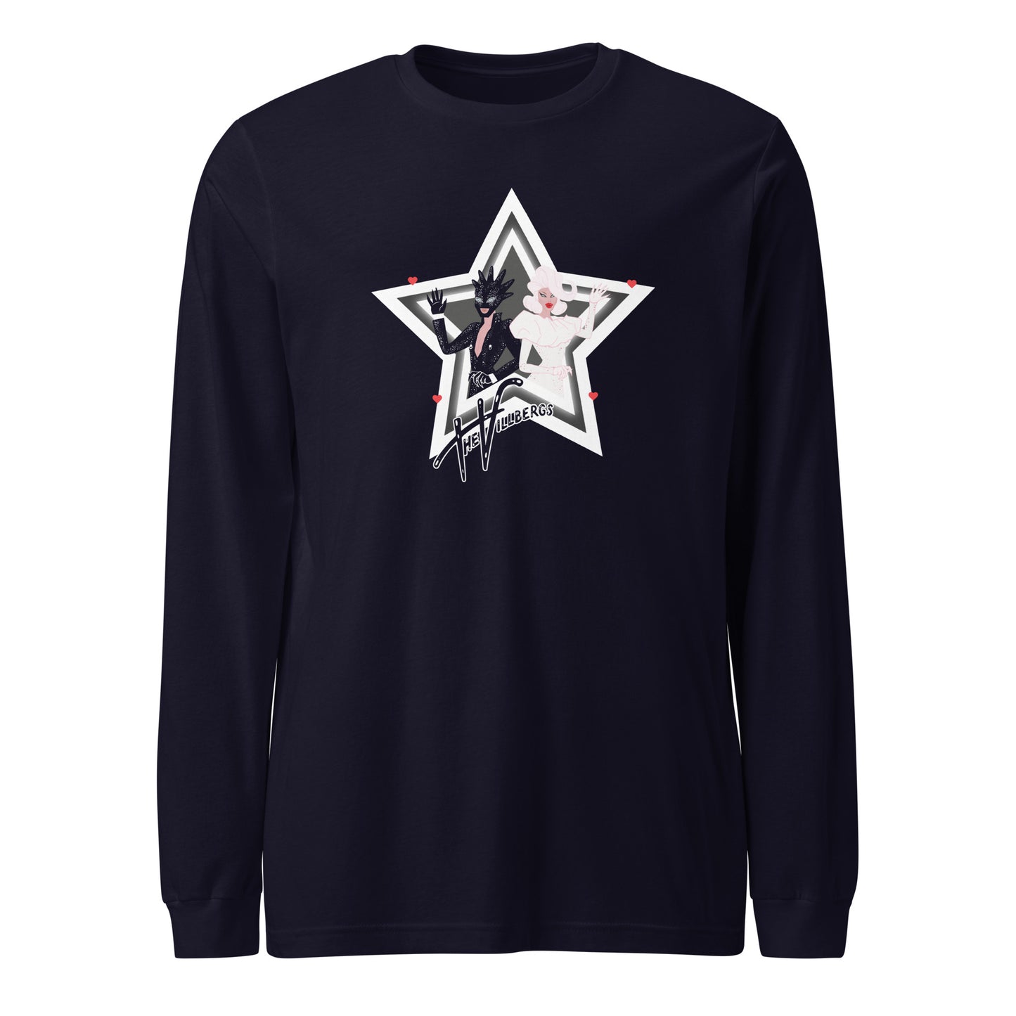 Navy shirt with graphic, flat view.