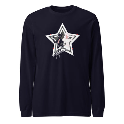 Navy shirt with graphic, flat view.