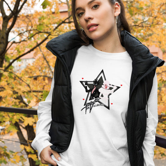 White shirt with black and white star and cartoon of the Villbergs inside it. With 4 small red hearts and Villbergs logo.