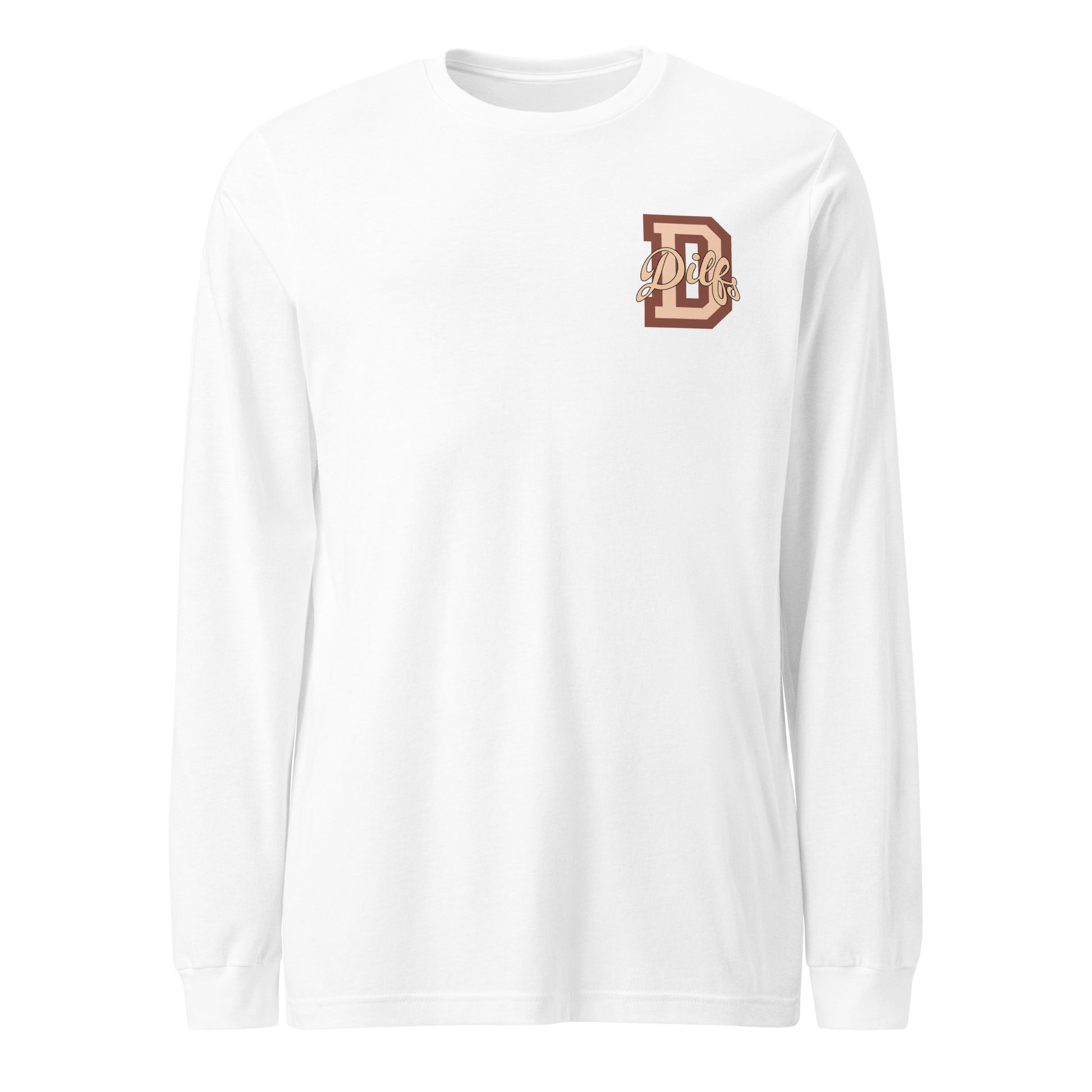 White shirt, with varsity letter graphic in tan and brown.