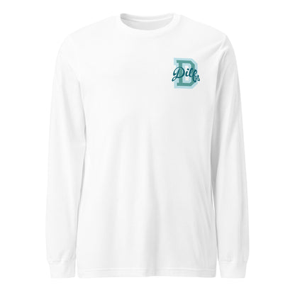 Varsity letter D, overlayed with stylized word Dilfs in shades of teal blue, on left chest of white shirt.