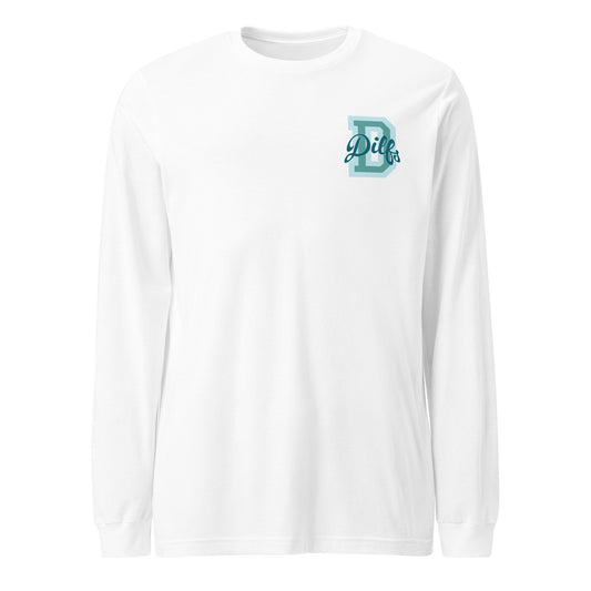 Varsity letter D, overlayed with stylized word Dilfs in shades of teal blue, on left chest of white shirt.