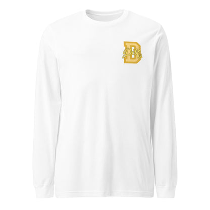 White shirt, yellow and gold varsity graphic.