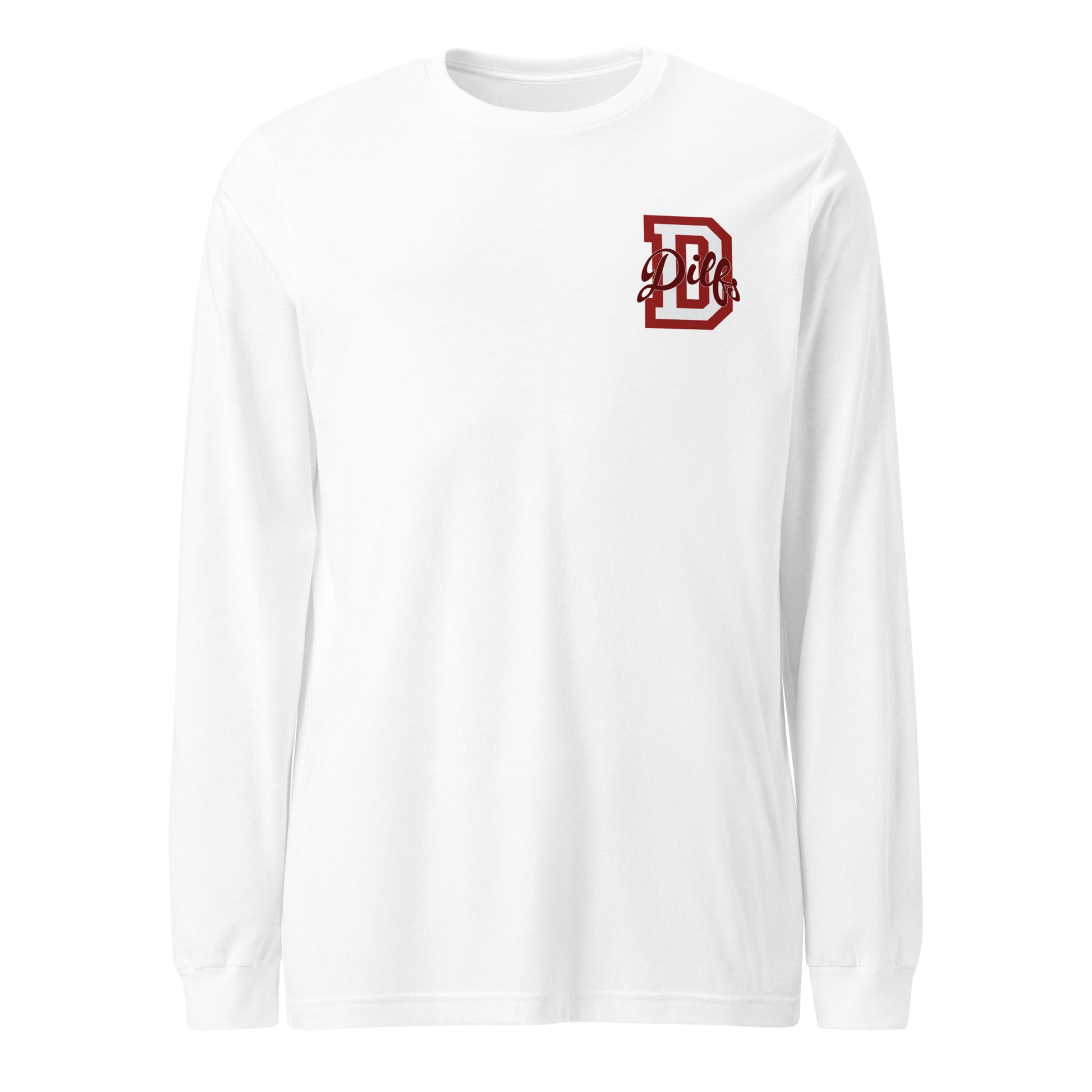 White shirt, red and light grey varsity graphic.