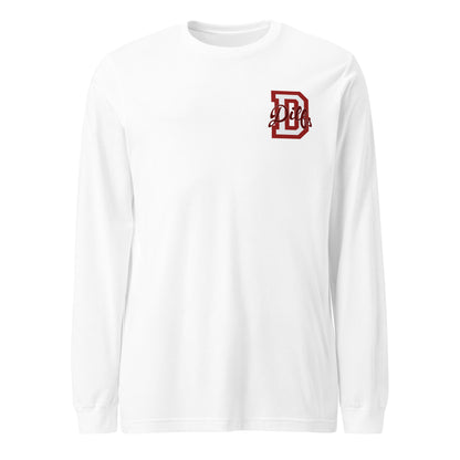 White shirt, red and light grey varsity graphic.