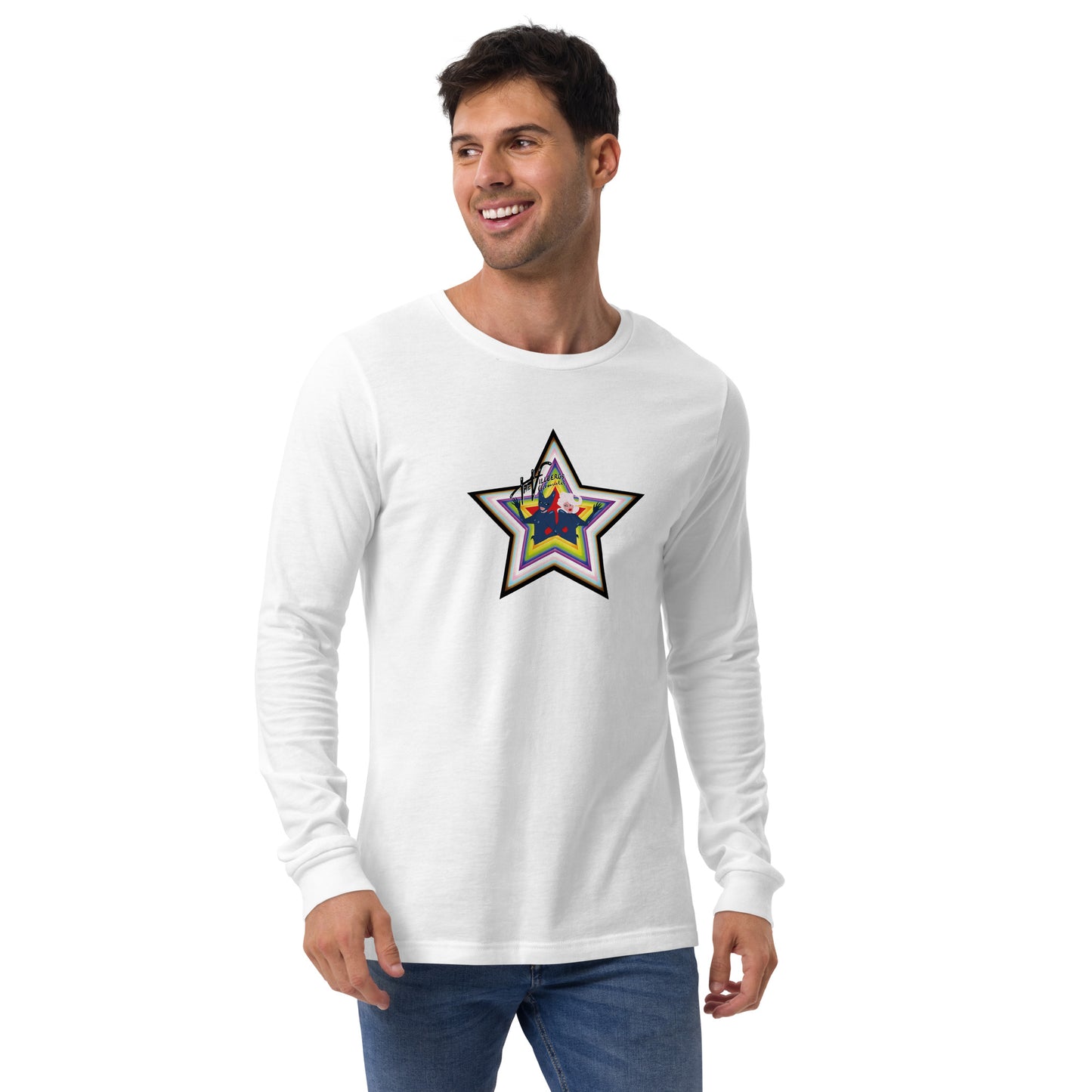 Man in white shirt with pride-colored star with inset cartoon of the Villbergs and The Villbergs Chronicles logo.
