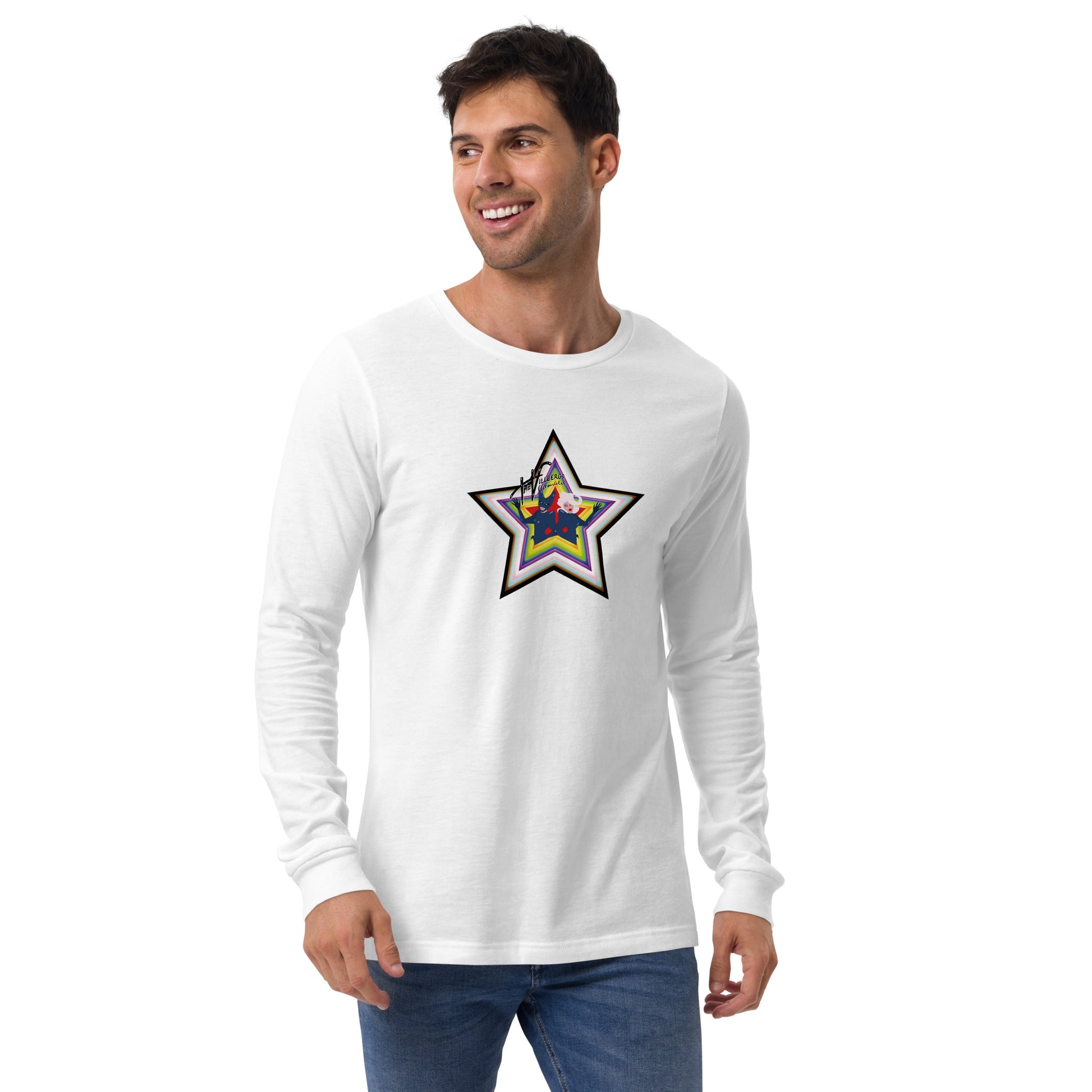 Man in white shirt with pride-colored star with inset cartoon of the Villbergs and The Villbergs Chronicles logo.
