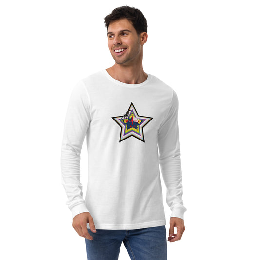 Man in white shirt with pride-colored star with inset cartoon of the Villbergs and The Villbergs Chronicles logo.