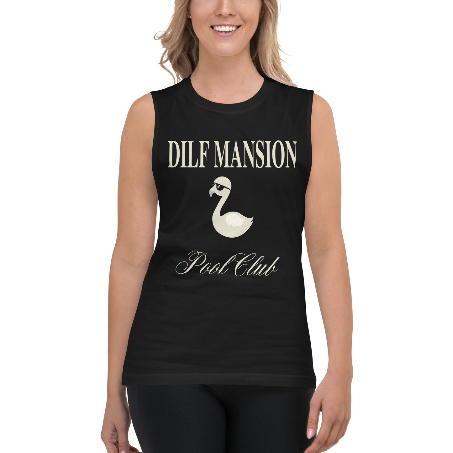 Black tank with Dilf Mansion swan pool club graphic, on female model.