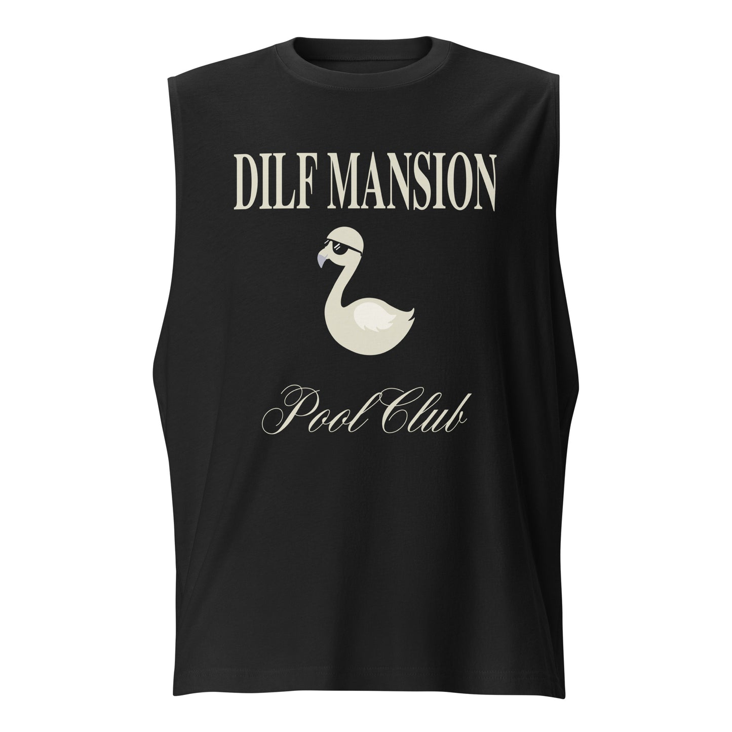 Black tank with Dilf Mansion swan pool club graphic, laid flat.