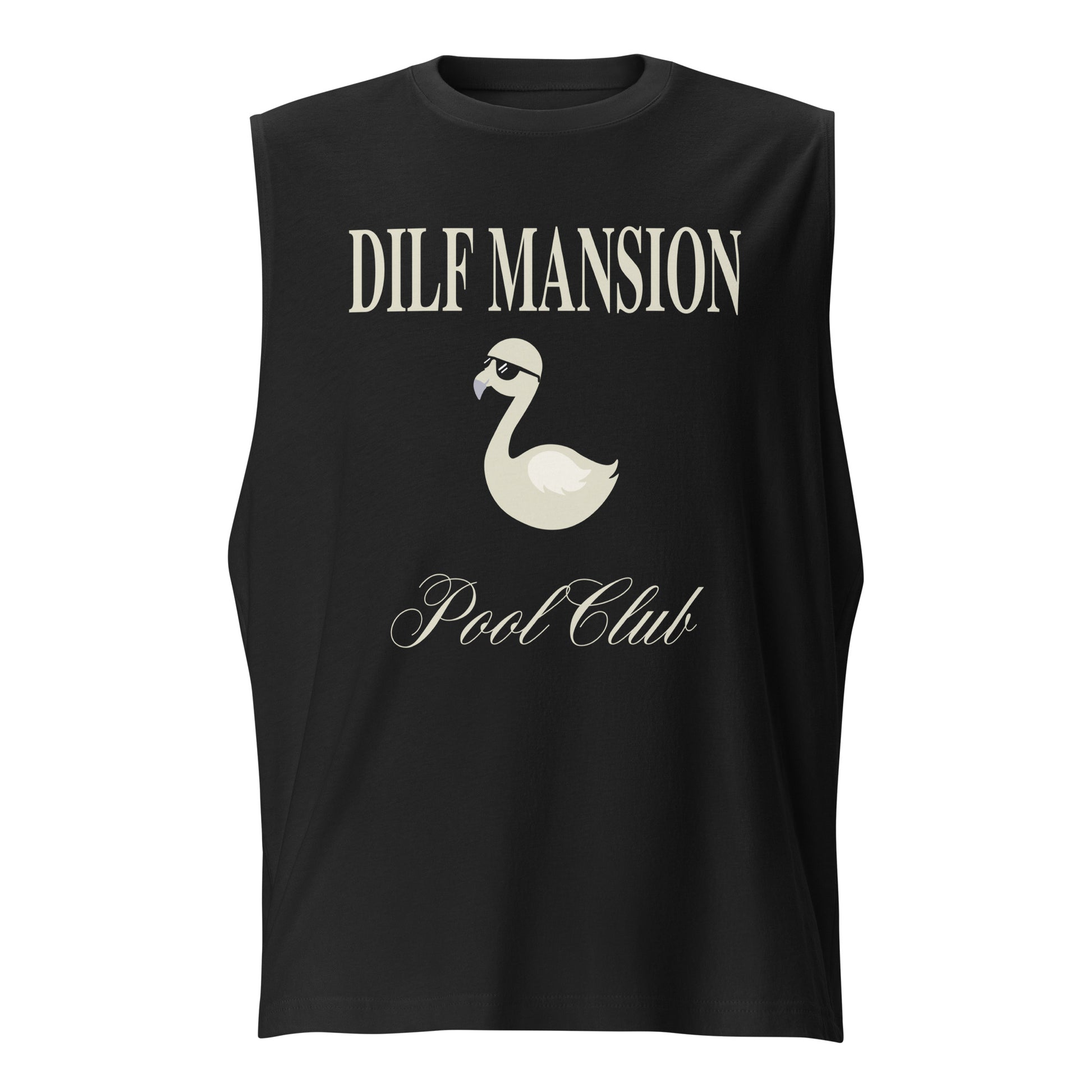 Black tank with Dilf Mansion swan pool club graphic, laid flat.