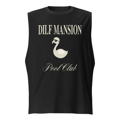 Black tank with Dilf Mansion swan pool club graphic, laid flat.