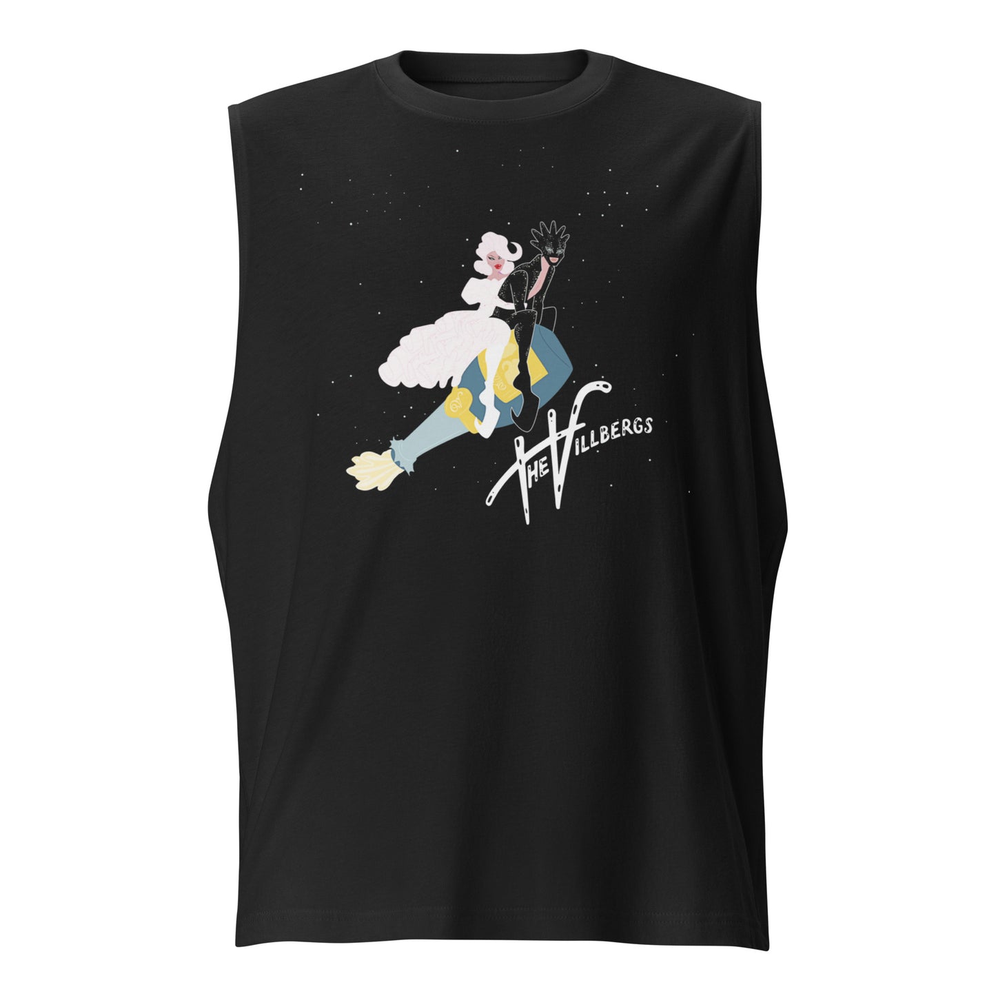 Black tank top, flat view, with Villbergs champagne art.