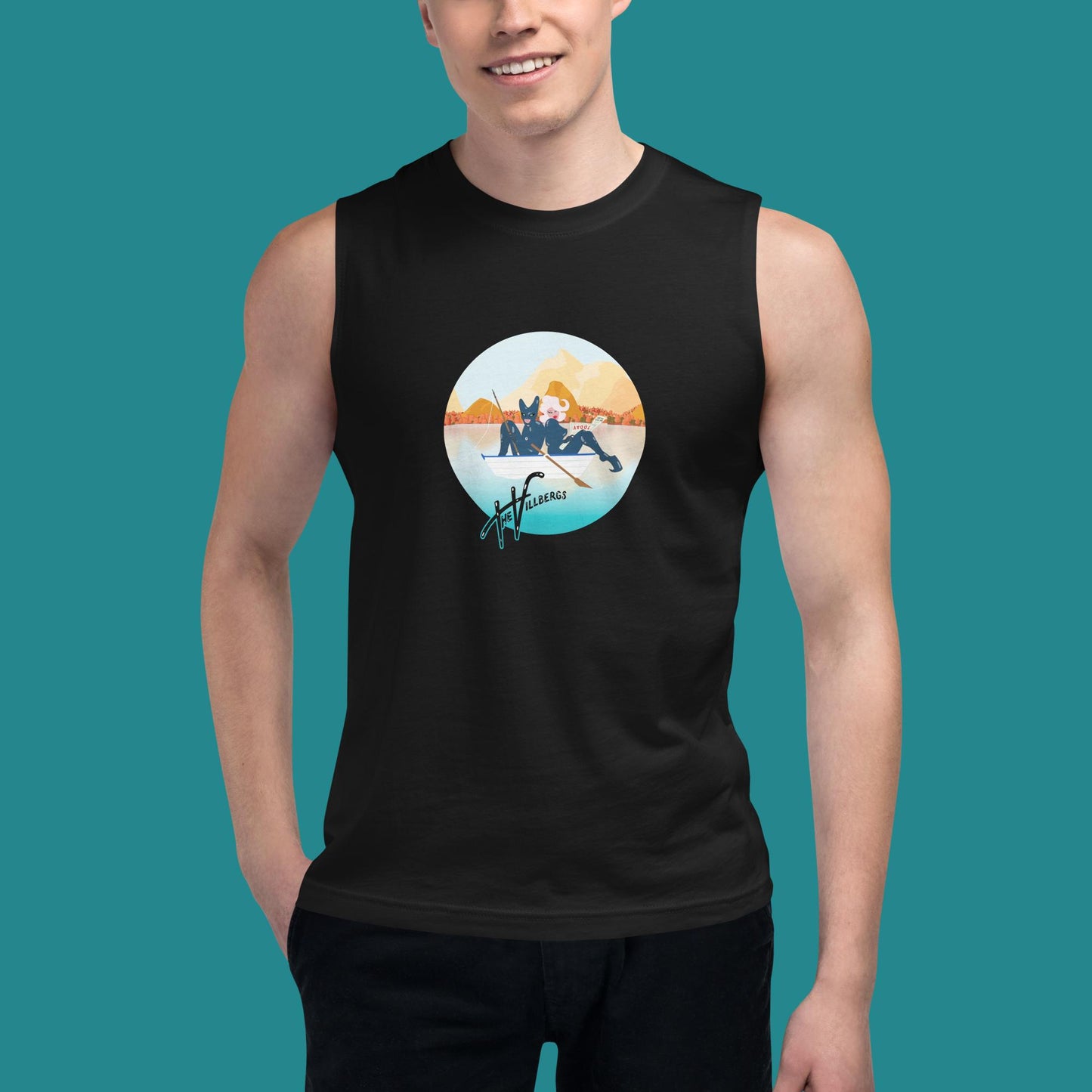 Black tank with the Villbergs in the row boat scene with gold and aqua blue tones. With The Villbergs wordmark.