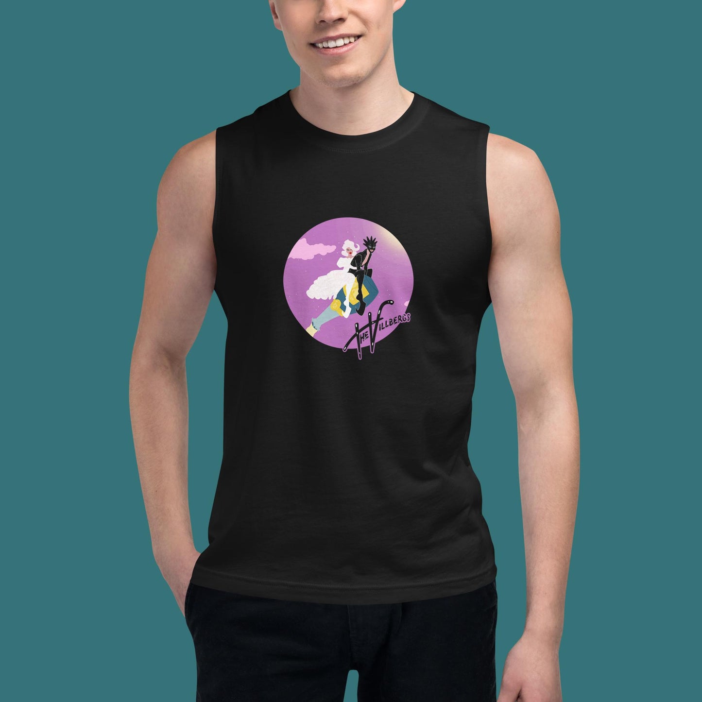 Black tank with the Villbergs on a popped champagne bottle in a purple-pink circle. With The Villbergs logo.