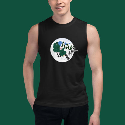Black tank with cartoon inside a circle of Mr pushing Mrs on a chair-ski down a snowy hill. Includes Villbergs wordmark.