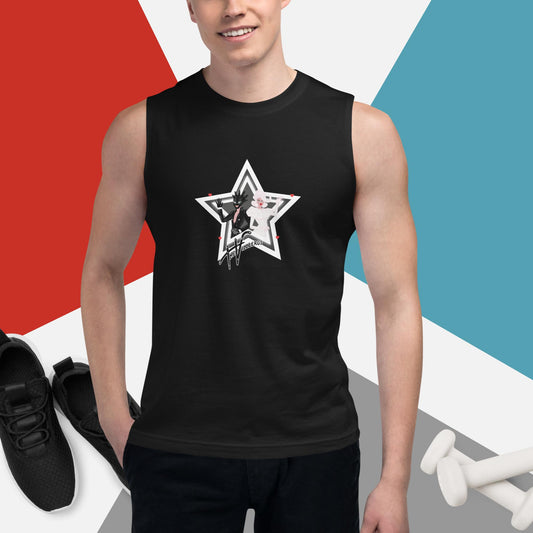 Black tank shows black and white star with inset cartoon of the Villbergs with 4 small red hearts and The Villbergs logo.