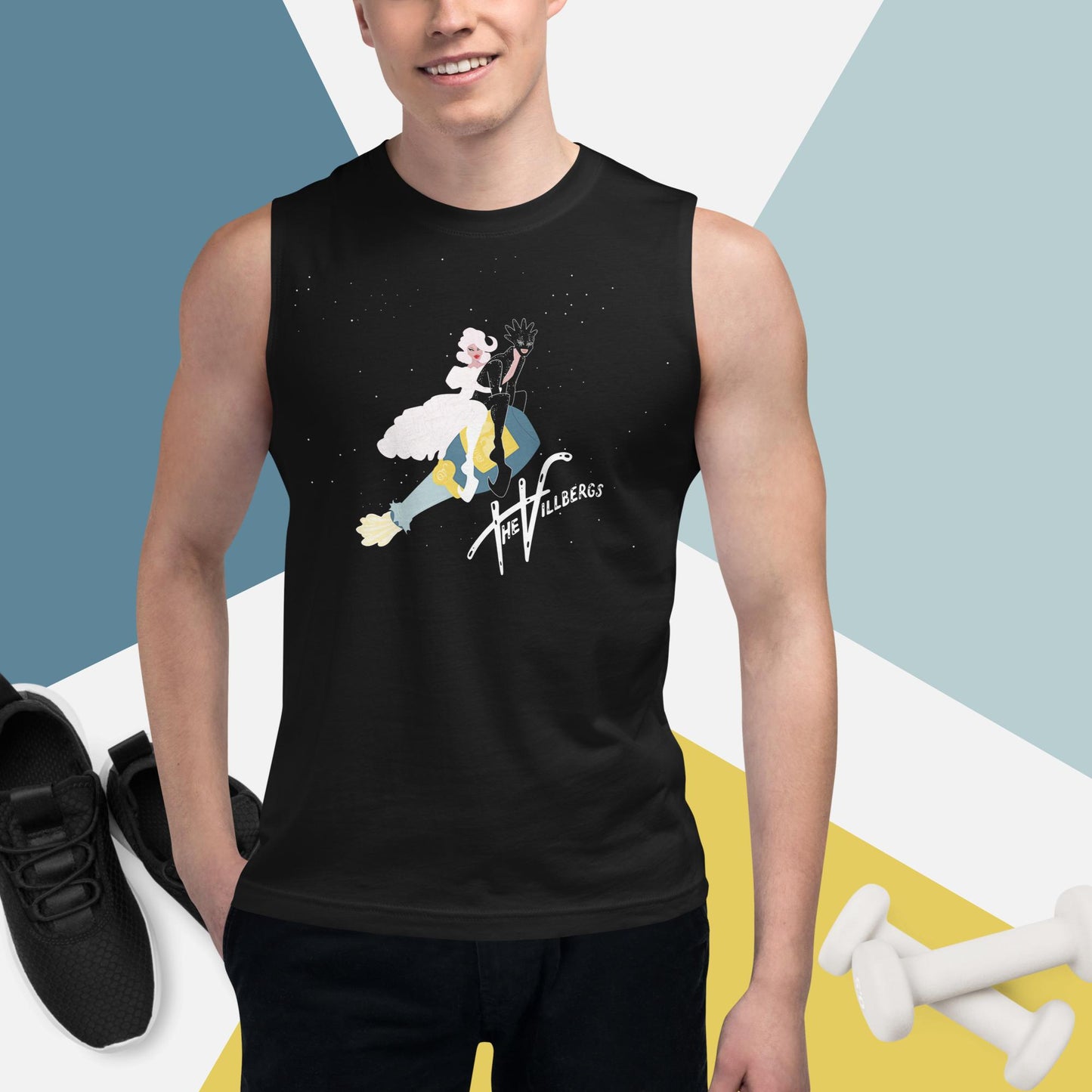 Man in black tank with cutout cartoon of the Villbergs riding a popped champagne bottle. Includes The Villbergs logo.