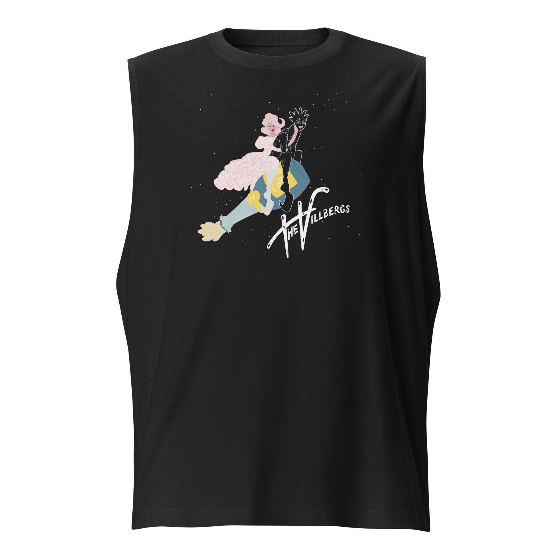 Black tank top, flat view, with Villbergs champagne art.